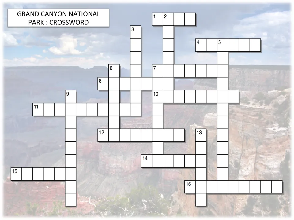 Park review crossword: 16 blank numbered entries over a canyon photo for recalling history, geology and wildlife terms