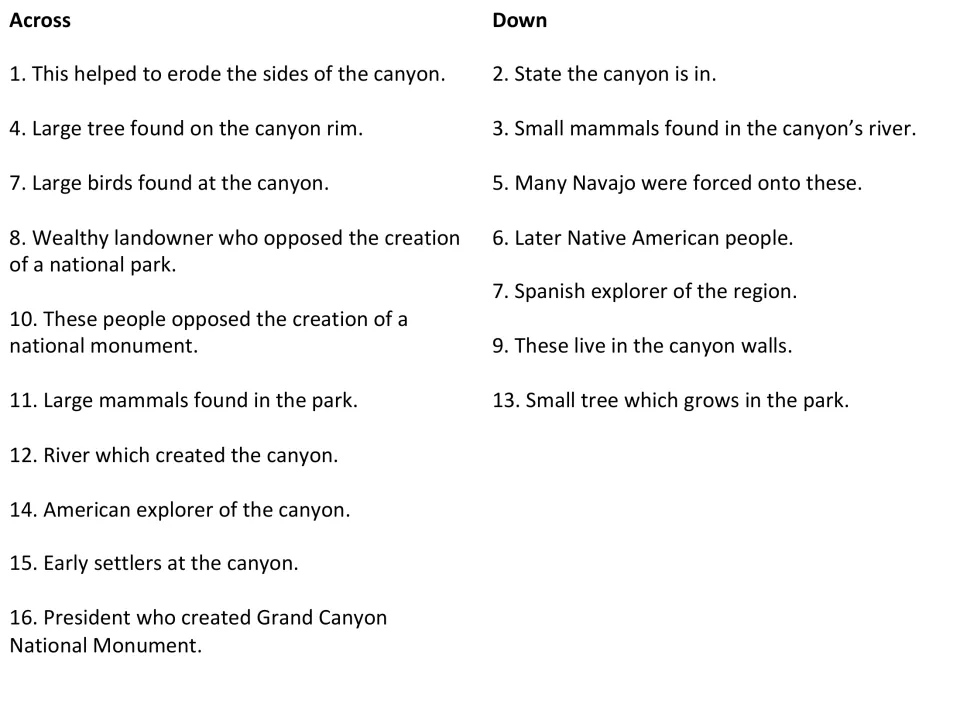 Crossword clues, Across and Down, asking for the state, river, explorers, Navajo reservations, settlers and park trees