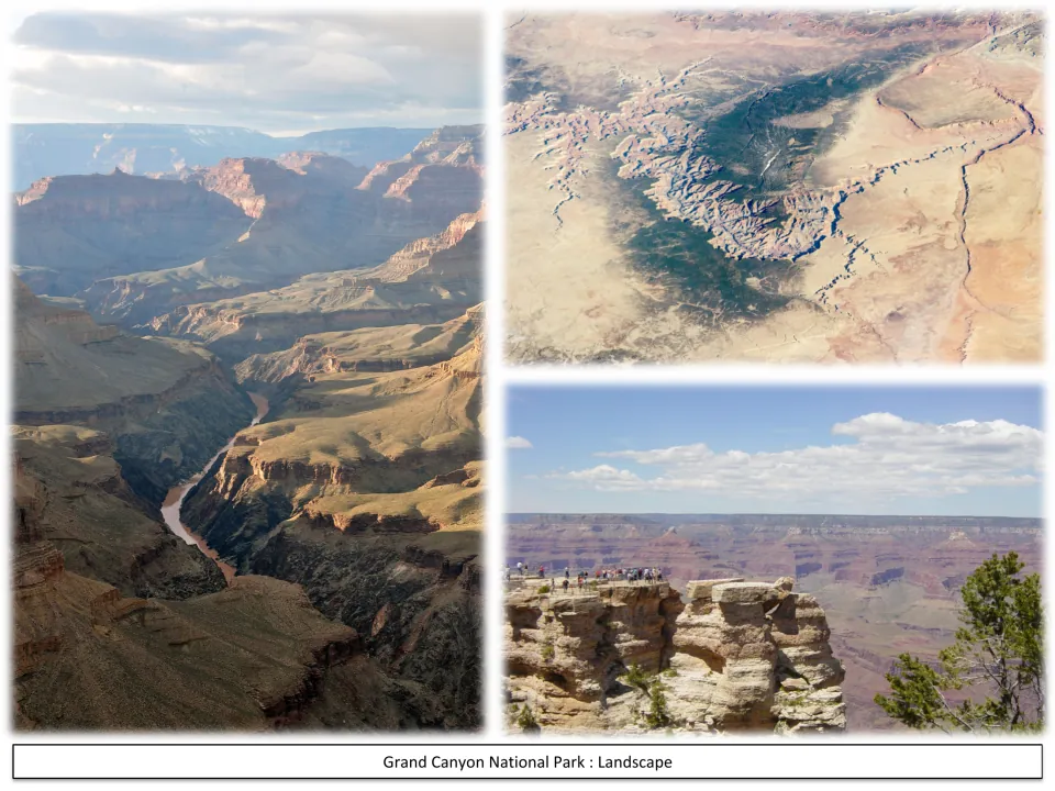 Canyon landscapes: Colorado River winding through the gorge, an aerial view of the canyon and visitors at a rim overlook