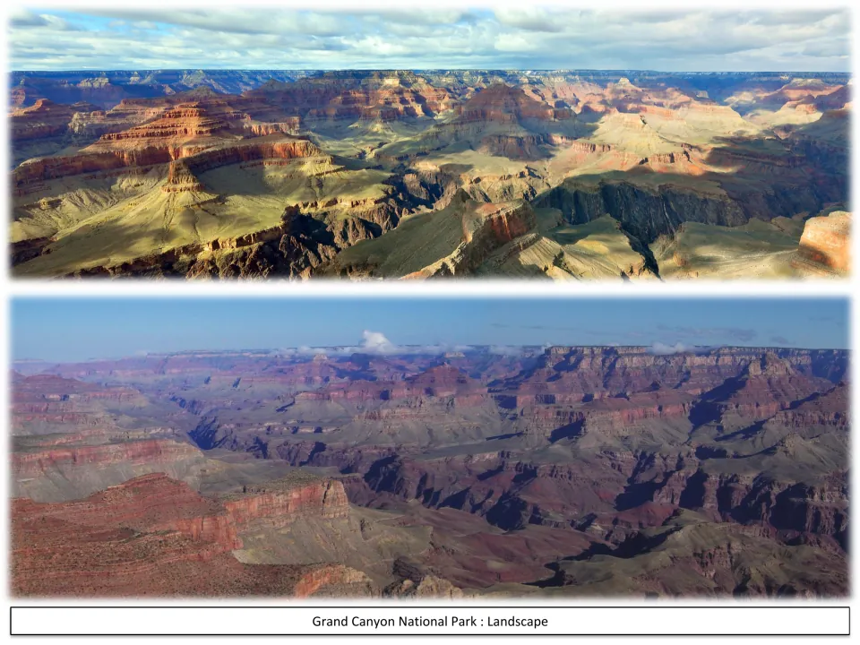 Two panoramic photos of the canyon's layered red and tan rock walls stretching to the horizon under open skies