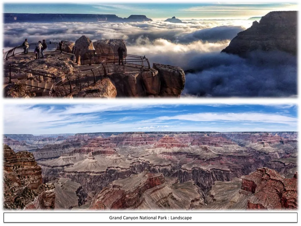 Canyon photos: people at a railed overlook above clouds filling the gorge, and a wide panorama of red rock buttes