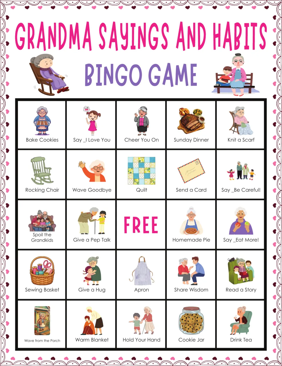 Grandma bingo card 2 includes Bake Cookies, Sunday Dinner, Knit a Scarf, Quilt, and a free center space.