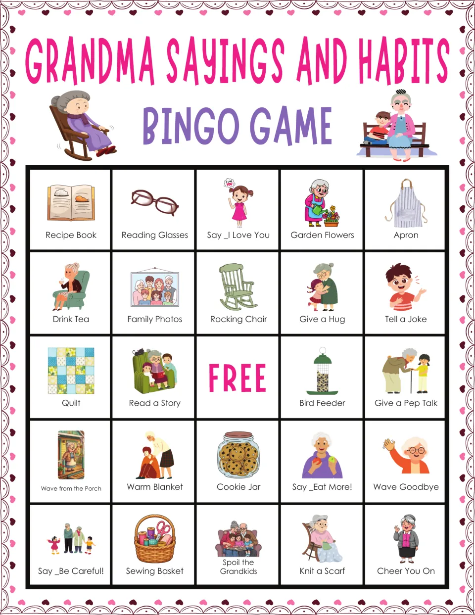 Grandma bingo card 3 includes Recipe Book, Reading Glasses, Garden Flowers, Apron, and a free center space.