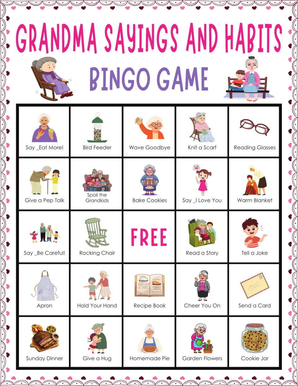 Grandma bingo card 5 includes Bird Feeder, Wave Goodbye, Knit a Scarf, Reading Glasses, and a free space.