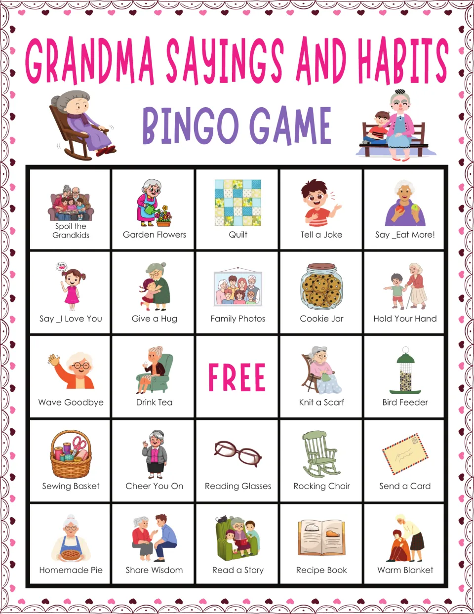 Grandma bingo card 9 includes Spoil the Grandkids, Garden Flowers, Quilt, Tell a Joke, and a free space.