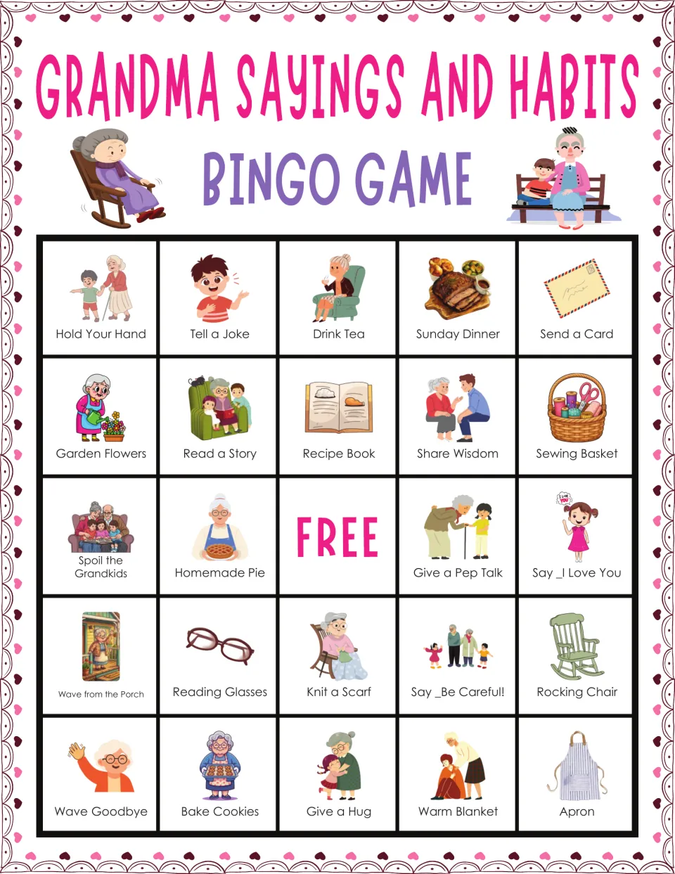 Grandma bingo card 10 includes Hold Your Hand, Tell a Joke, Sunday Dinner, Send a Card, and a free space.