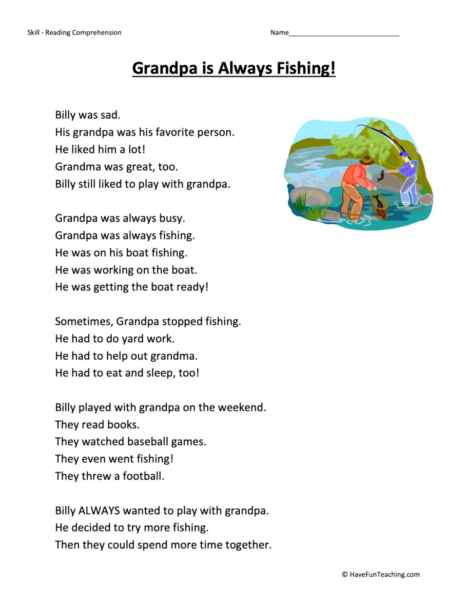 Reading passage about Billy wanting more time with Grandpa and deciding to join him for more fishing.