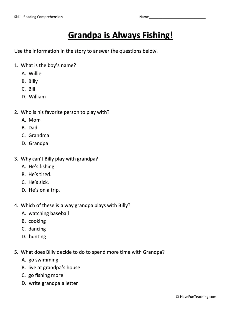 Five multiple-choice questions about Billy, his favorite person, Grandpa's fishing, and their time together.