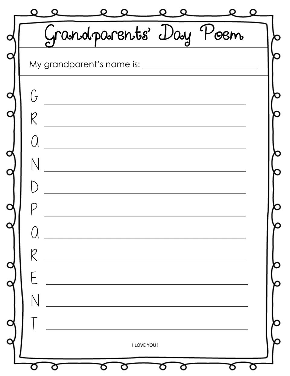 Grandparents' Day acrostic poem: students write their grandparent's name, then a line for each letter of GRANDPARENT