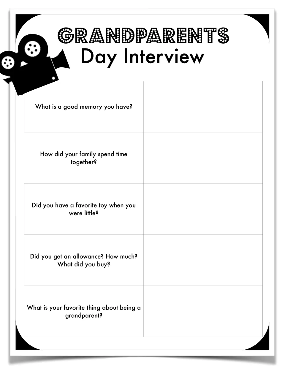 Grandparents Day Interview: students ask a grandparent five questions, such as a good memory and a favorite childhood toy
