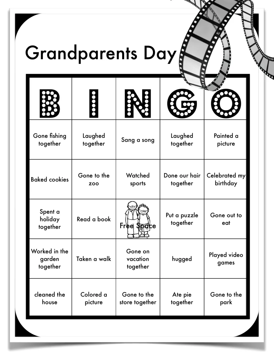 Grandparents Day BINGO: squares of shared activities like baking cookies, going fishing and reading a book, plus free space