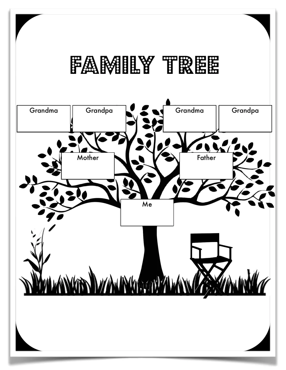 Family tree: students fill in names for two grandmas, two grandpas, mother, father and me on a three-generation tree