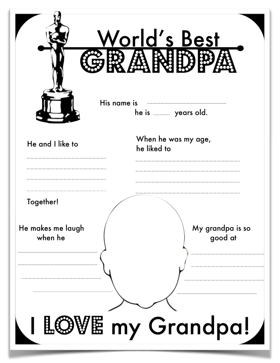 World's Best Grandpa: students write his name, age, what they do together and what makes them laugh, and draw his face