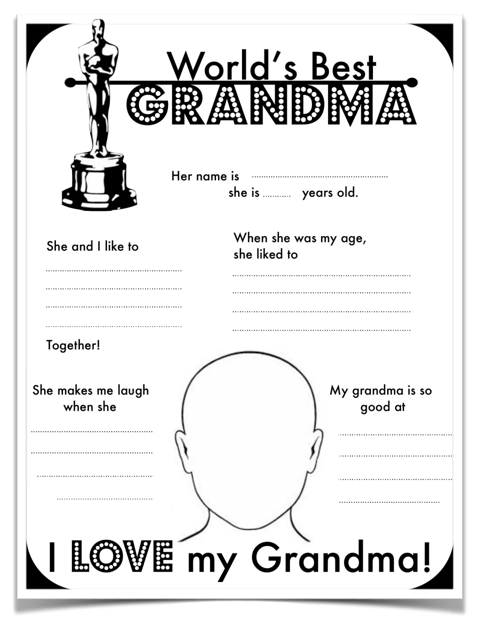 World's Best Grandma: students record her name, age, shared activities and what she is good at, then draw her portrait