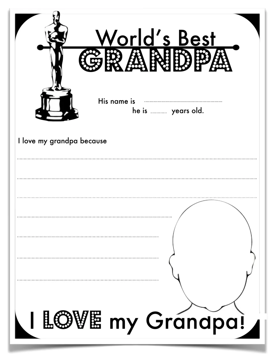 World's Best Grandpa short version: students give his name and age, finish 'I love my grandpa because' and draw his face