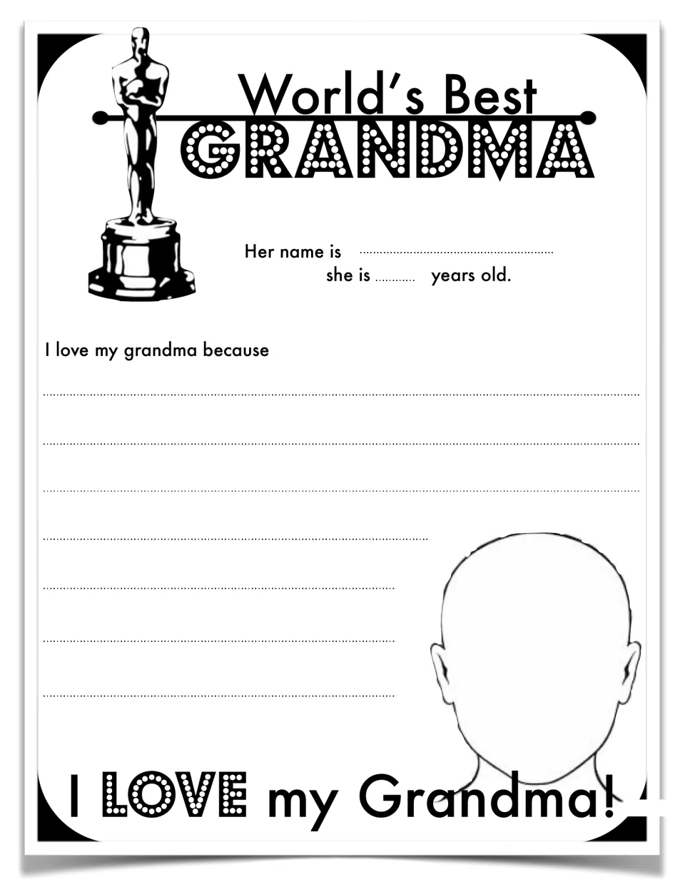 World's Best Grandma short version: students add her name and age, complete 'I love my grandma because' and draw her