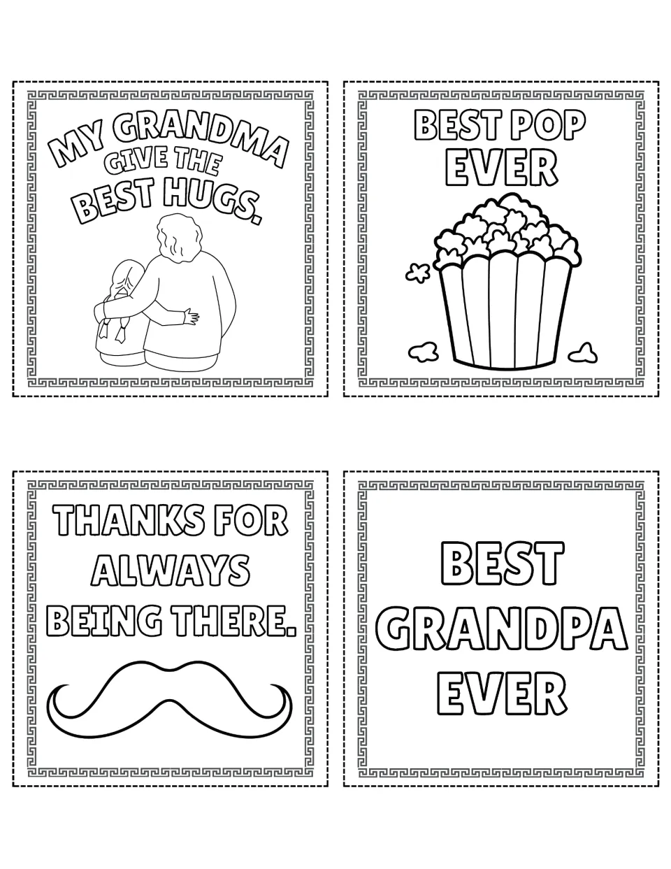 Grandparents Day coaster designs to color: grandma hugs, Best Pop Ever popcorn, mustache thank-you and Best Grandpa Ever