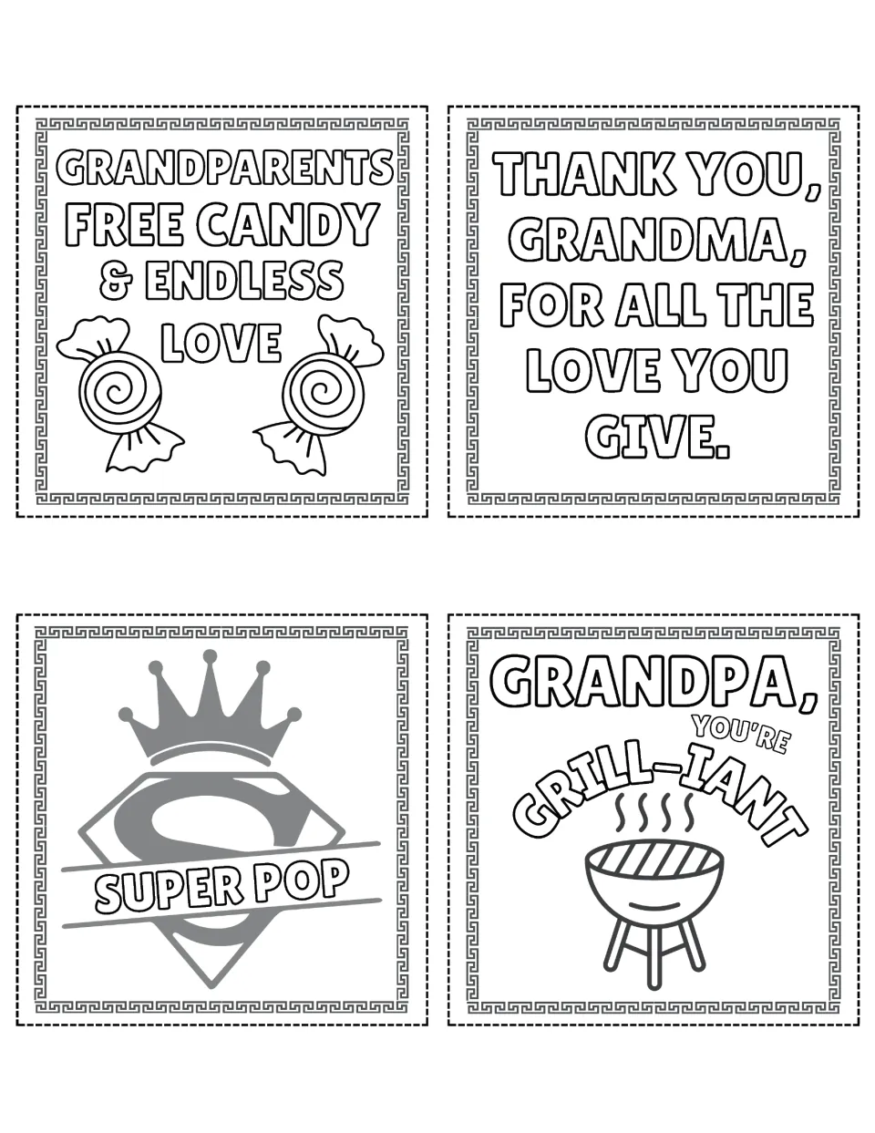 Grandparents Day designs to color: candy and endless love, thank-you Grandma, Super Pop crest, grill-iant Grandpa