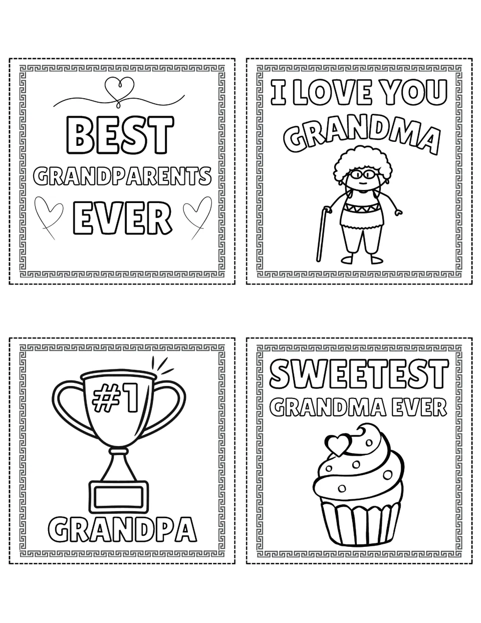 Grandparent coaster art to color: Best Grandparents Ever hearts, I Love You Grandma, #1 Grandpa trophy and cupcake grandma