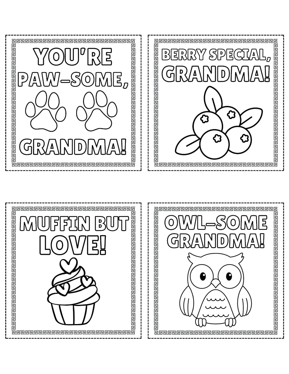 Pun messages for grandma to color: Paw-some paw prints, Berry Special berries, Muffin But Love cupcake and Owl-some owl