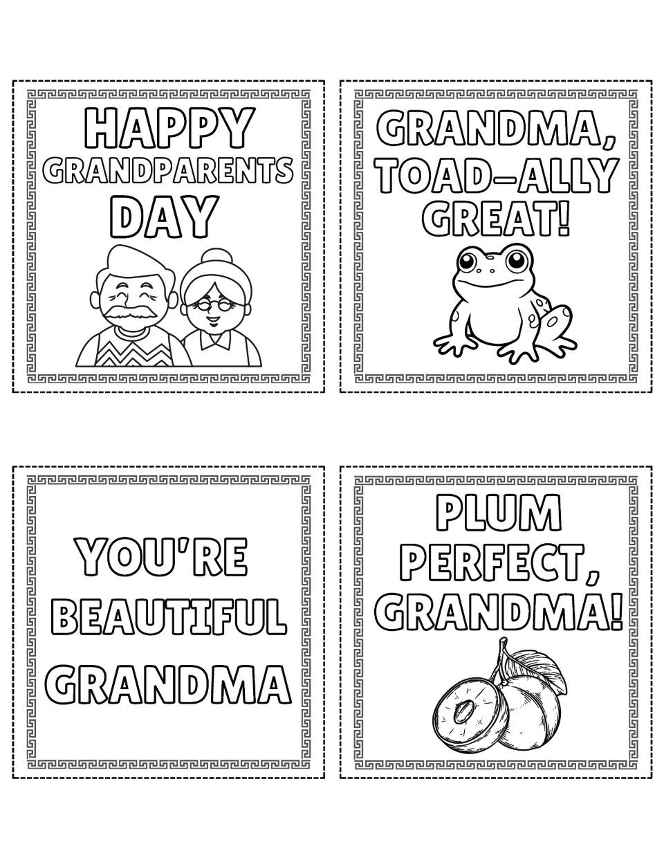 Happy Grandparents Day couple, Toad-ally Great frog, You're Beautiful Grandma and Plum Perfect plums as coloring designs
