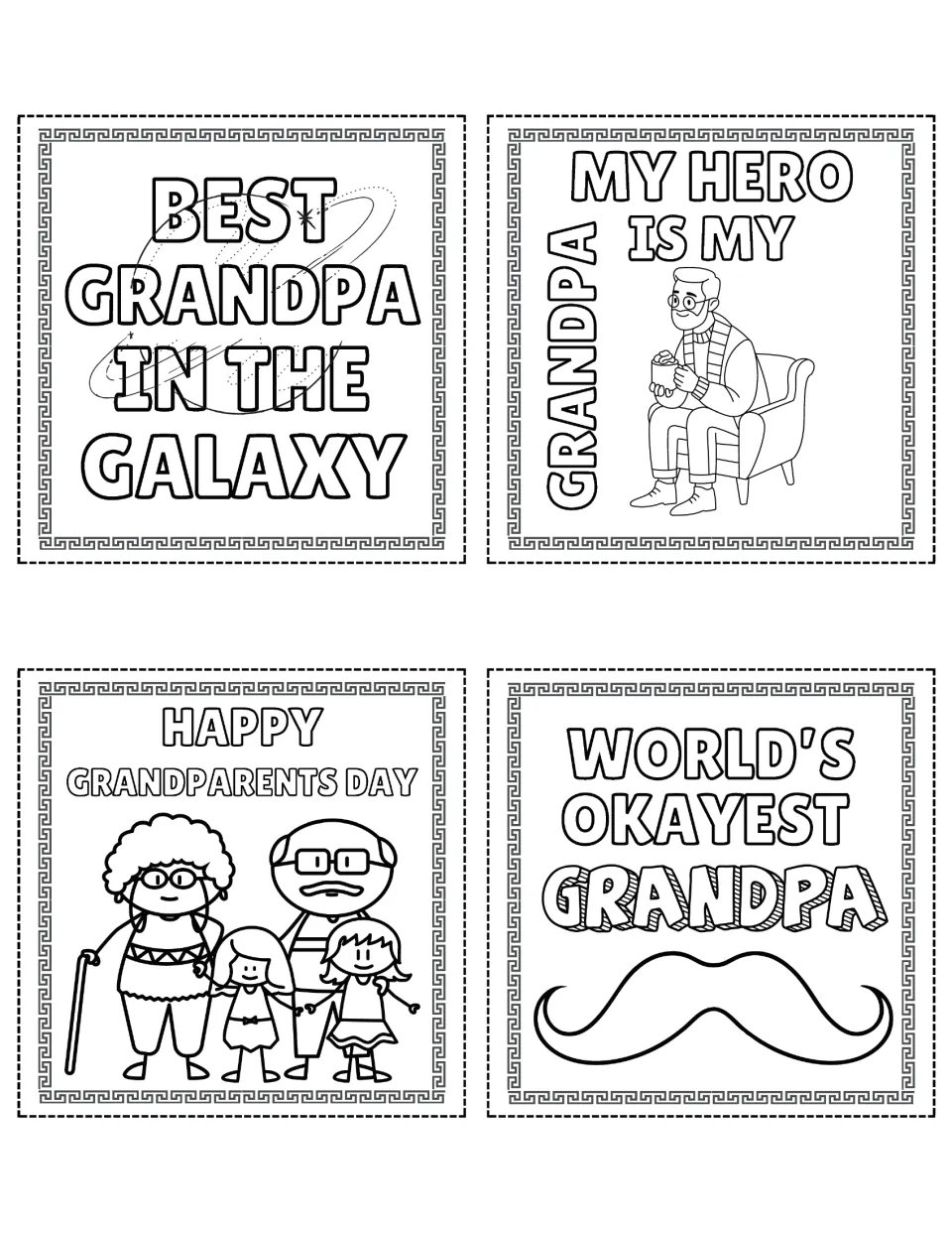Grandpa designs to color: Best Grandpa in the Galaxy, My Hero Is My Grandpa, a family scene and World's Okayest Grandpa