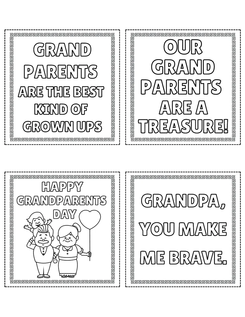 Grandparents Day sayings to color: Best Kind of Grown Ups, Grandparents Are a Treasure, balloon family, You Make Me Brave