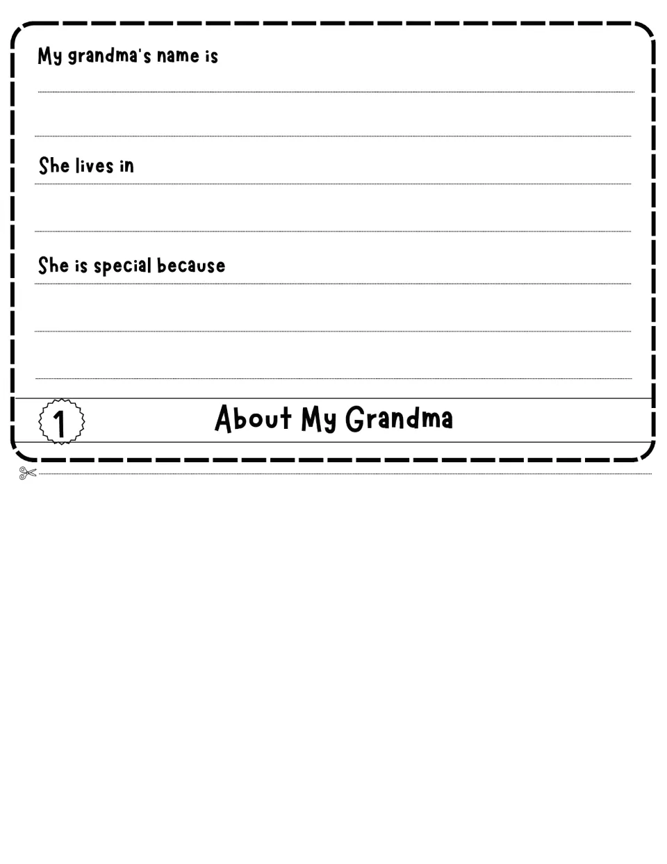 About My Grandma, flap 1: students complete prompts for grandma's name, where she lives and why she is special