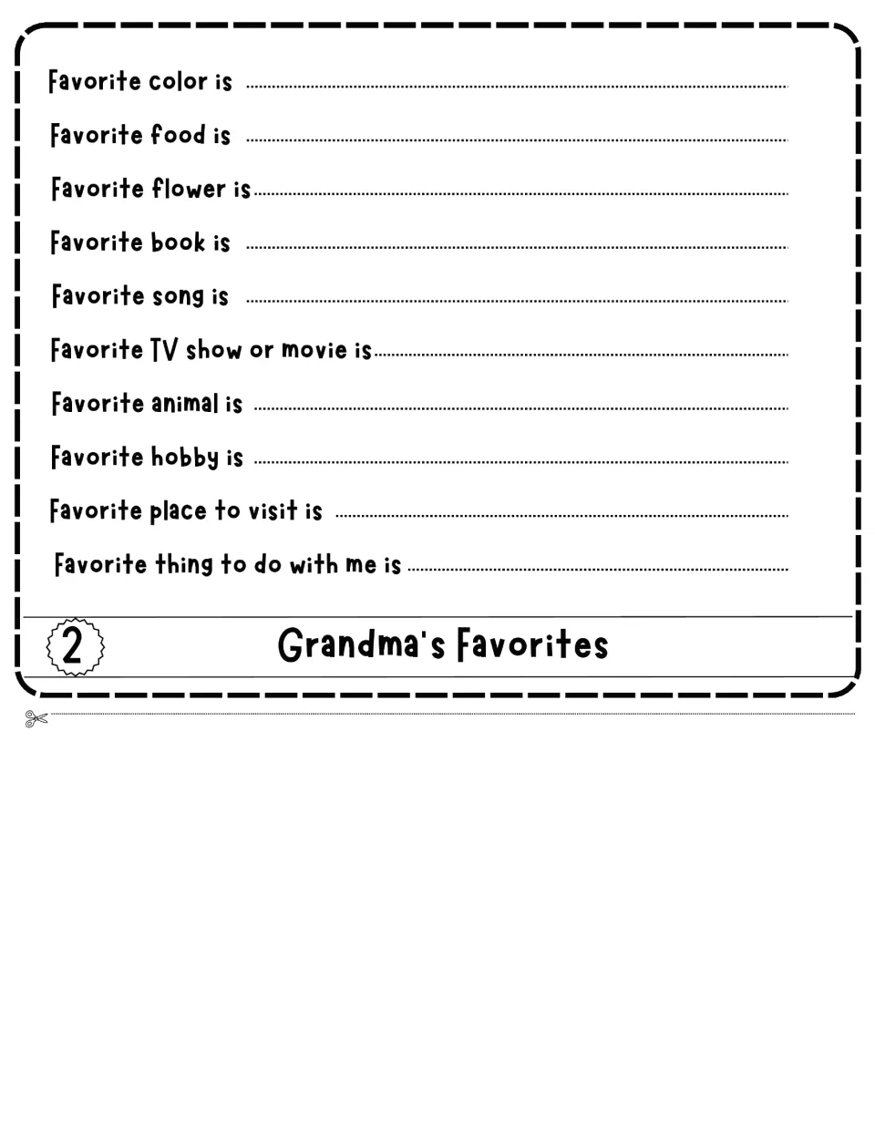 Grandma's Favorites, flap 2: students fill in 10 favorites such as color, food, song, hobby and place to visit