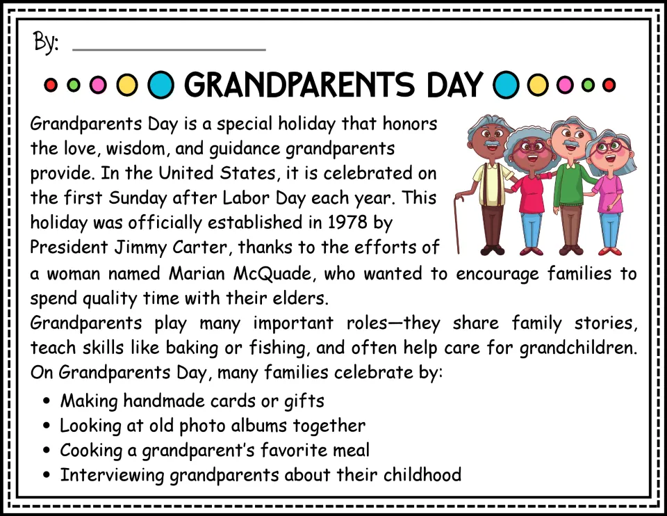 Reading passage opening in color: the holiday's history, grandparents' roles, and family celebrations