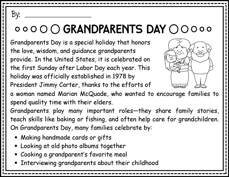 Reading passage opening in black and white: the holiday's origins and ways families honor grandparents