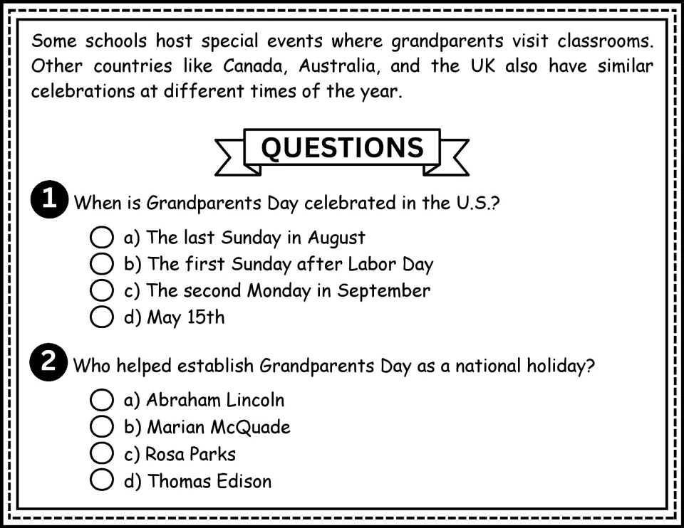 Passage continuation and questions 1–2 about the U.S. celebration date and Marian McQuade's role