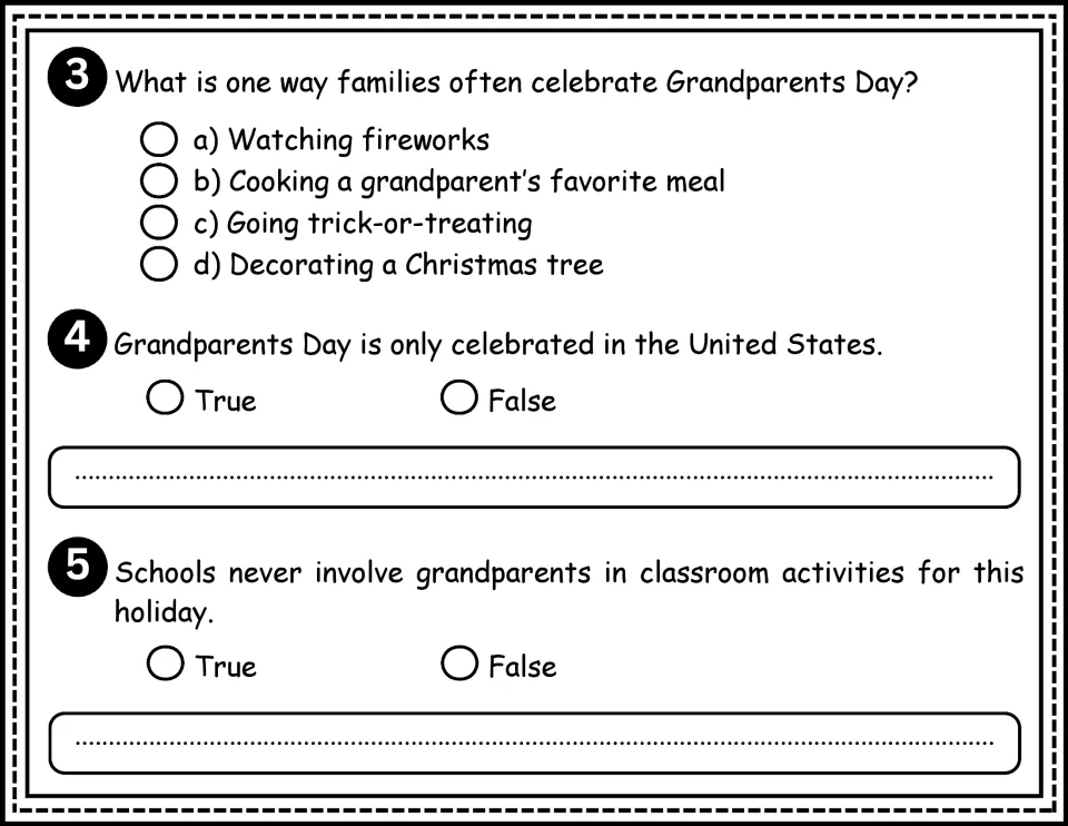 Comprehension questions 3–5 cover family celebrations, observances outside the U.S., and school involvement