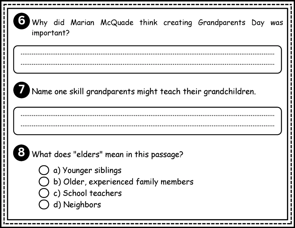 Comprehension questions 6–8 ask about Marian McQuade's purpose, skills grandparents teach, and “elders”