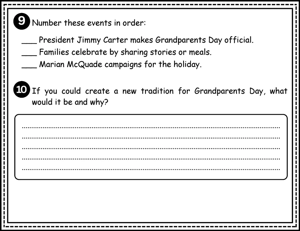 Comprehension questions 9–10 ask students to order holiday events and propose a new tradition with a reason