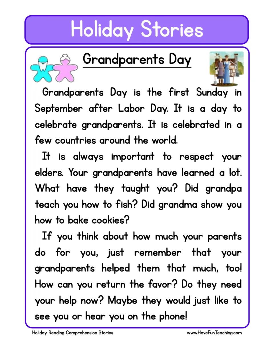 Reading passage about celebrating grandparents, respecting elders, and keeping in touch through visits or calls.