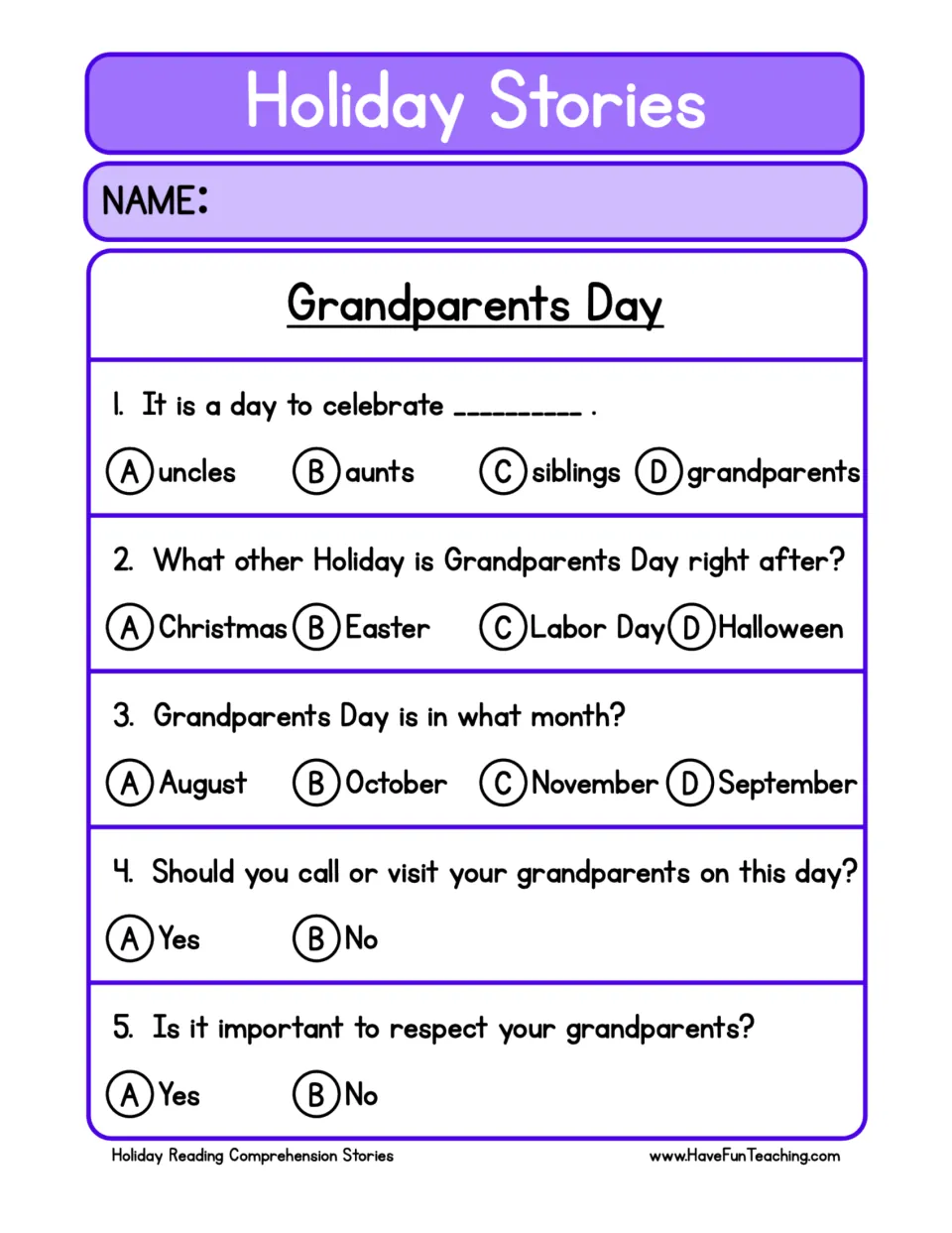 Five comprehension questions about whom the holiday honors, its timing, visits, and respect for grandparents.