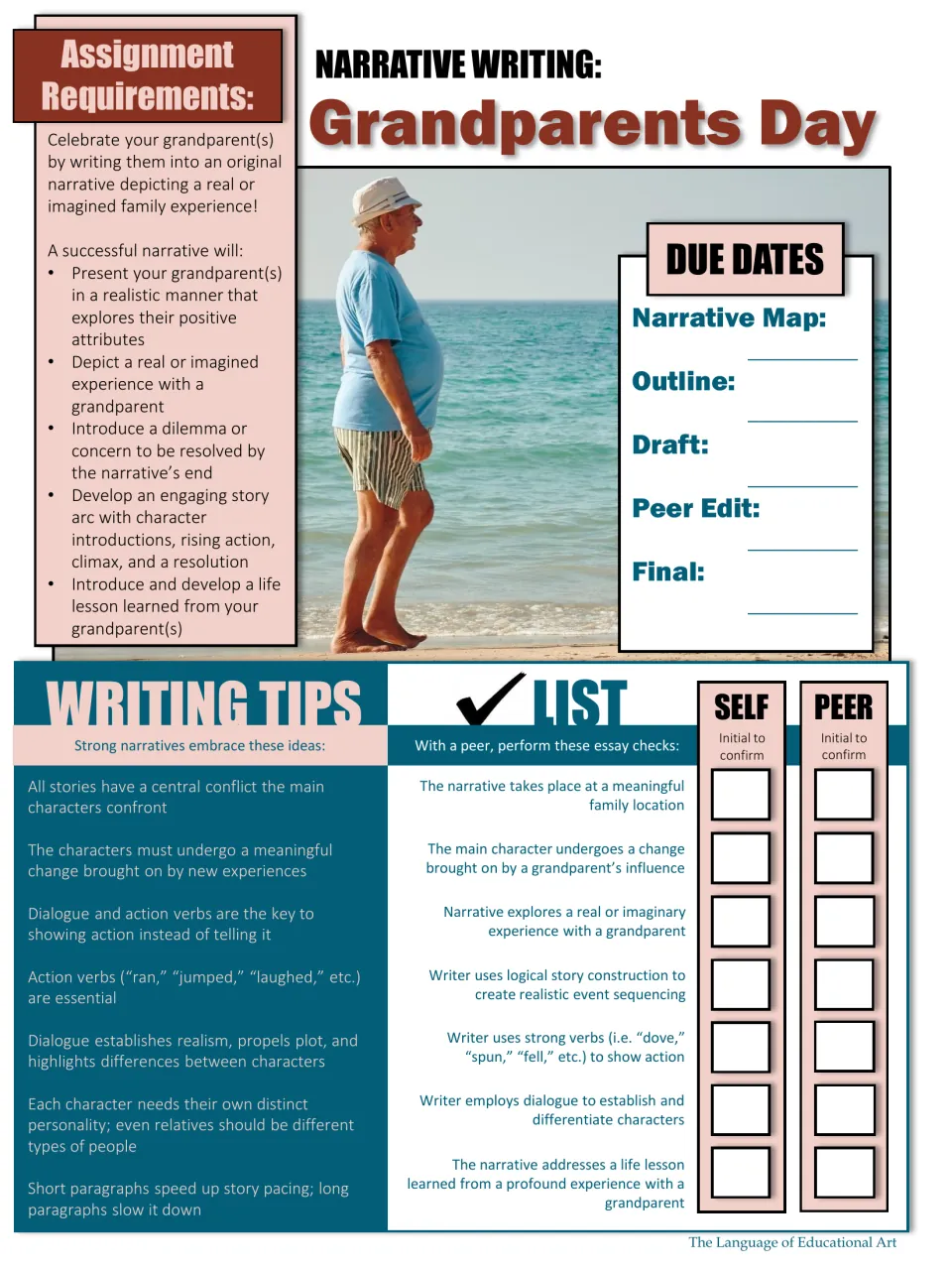 Narrative assignment directions in color, with due dates, writing tips, and self and peer review checks
