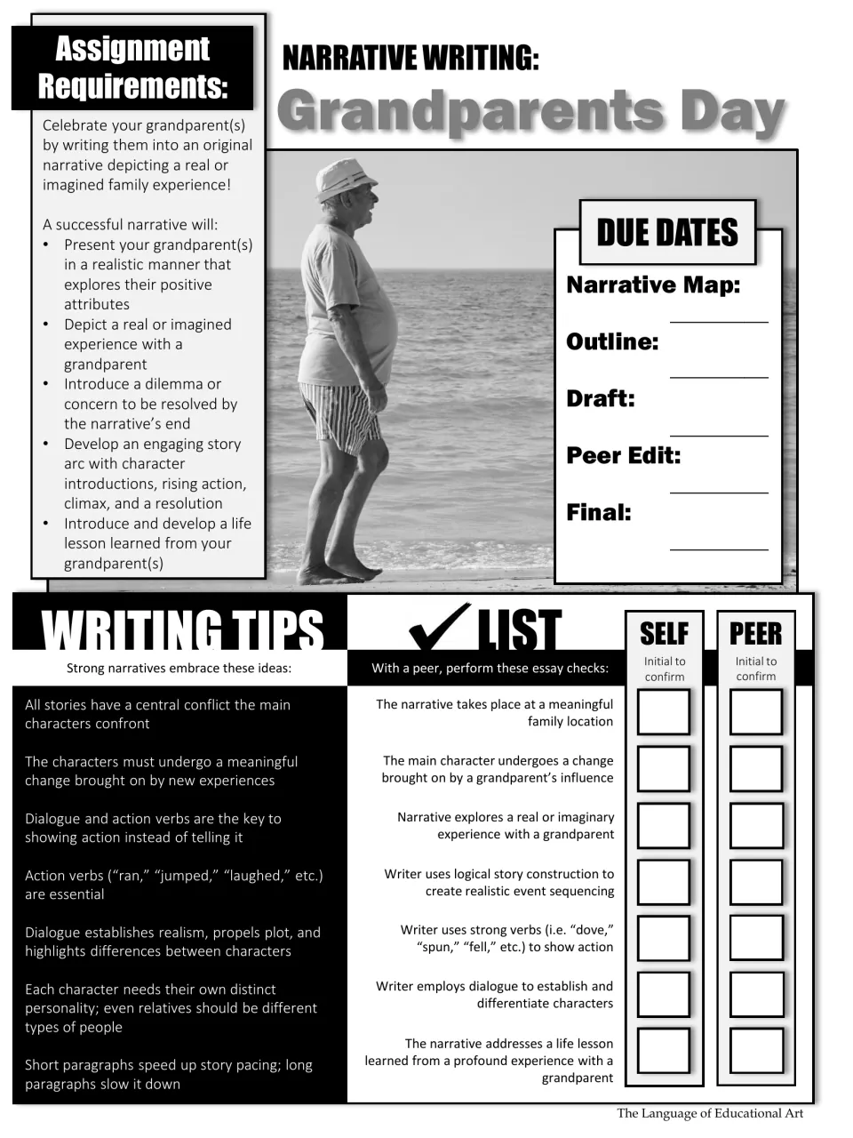 Black-and-white narrative assignment directions include due dates, writing tips, and self and peer checks