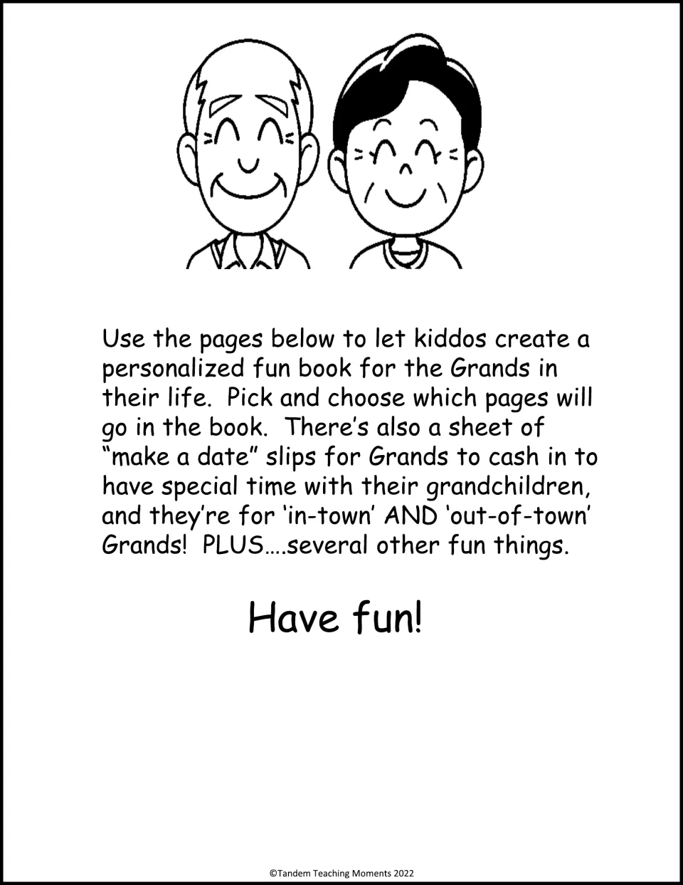 Grand book instructions explain choosing pages and using date slips for nearby or out-of-town grandparents.