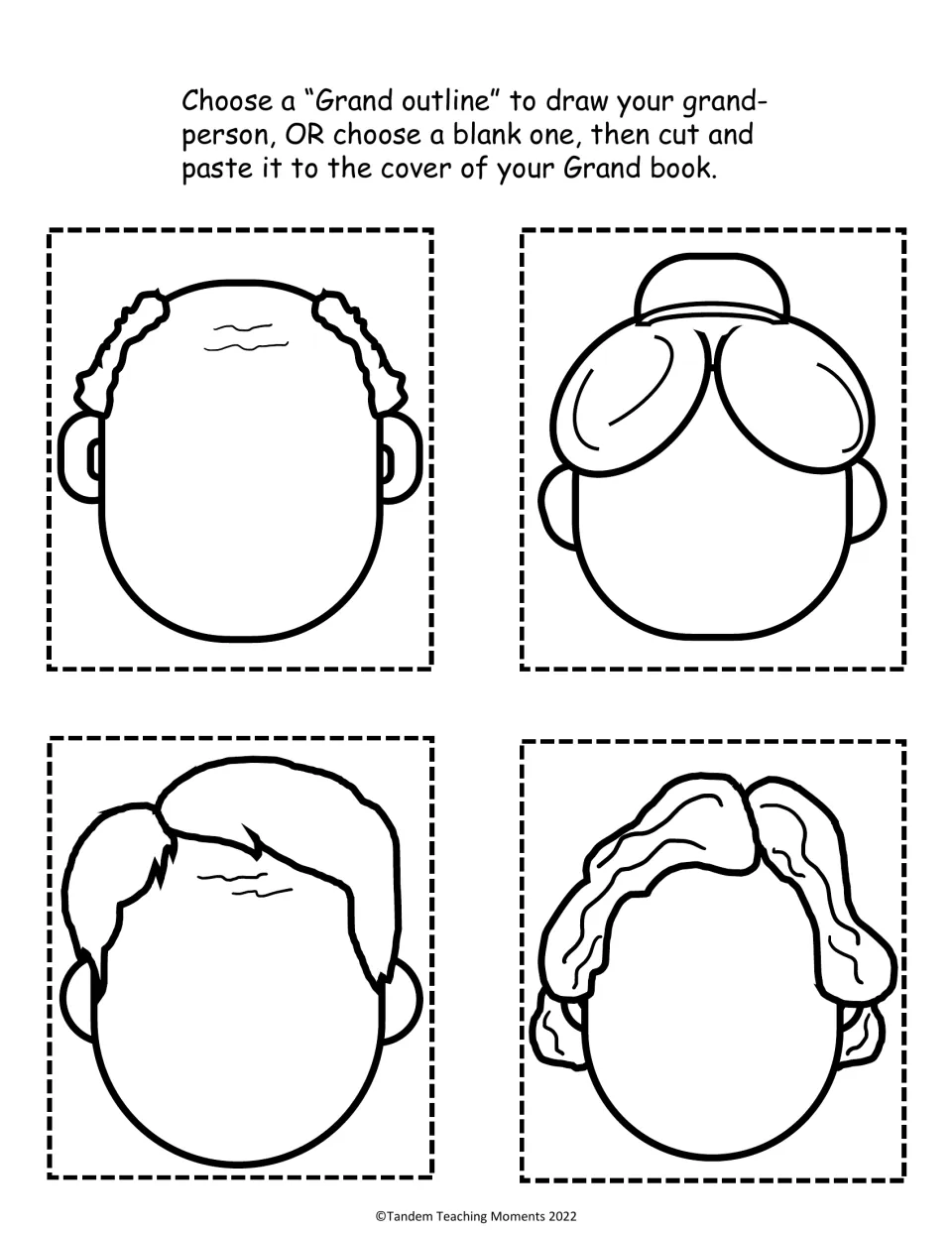 Grand book portrait cutouts offer four faces with different hairstyles for children to finish and attach.
