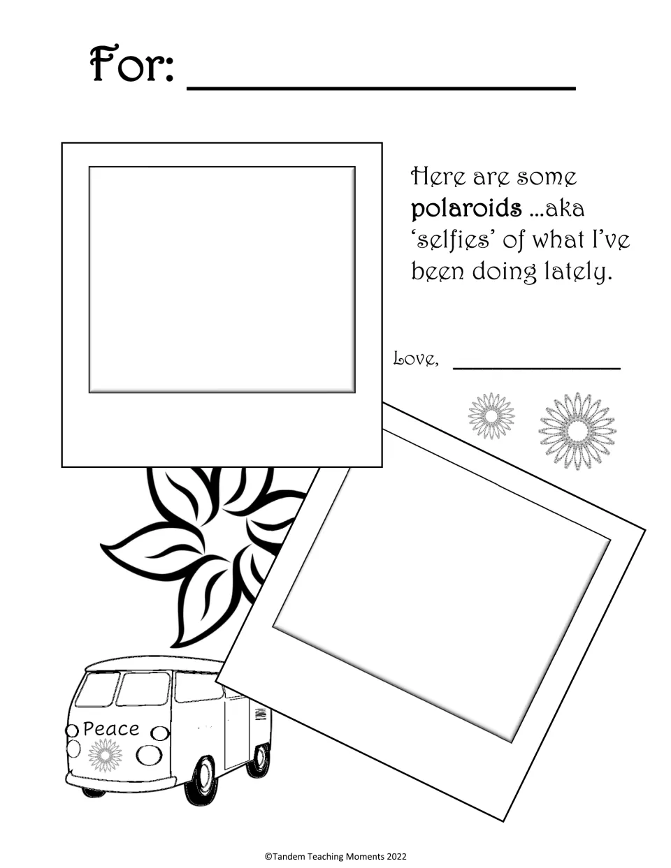 Grand book photo page invites children to share two Polaroid-style selfies of what they have been doing lately.