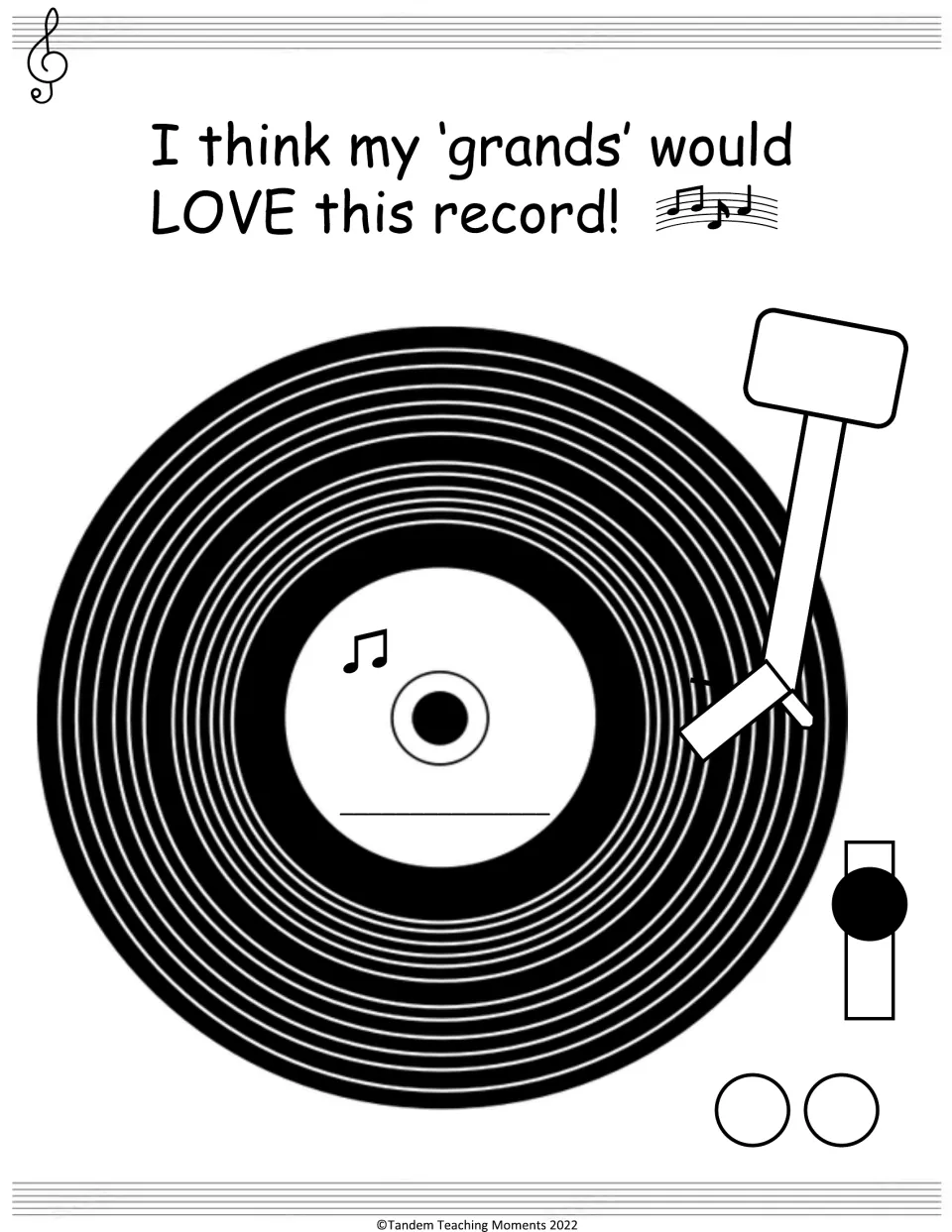 Grand book music page says 'I think my grands would LOVE this record!' with a record label to complete.