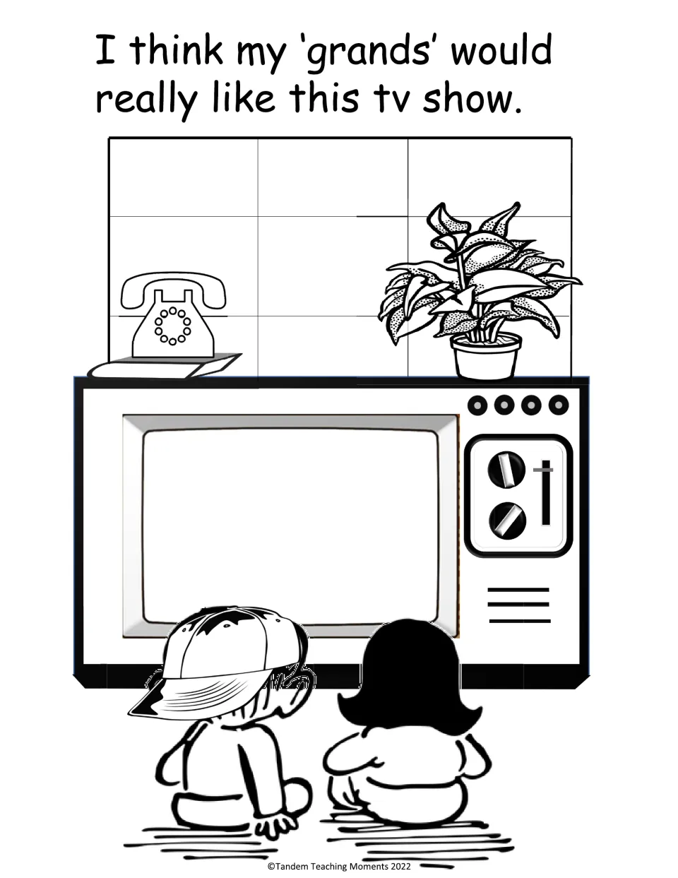 Grand book television page says 'I think my grands would really like this tv show' above an empty TV screen.