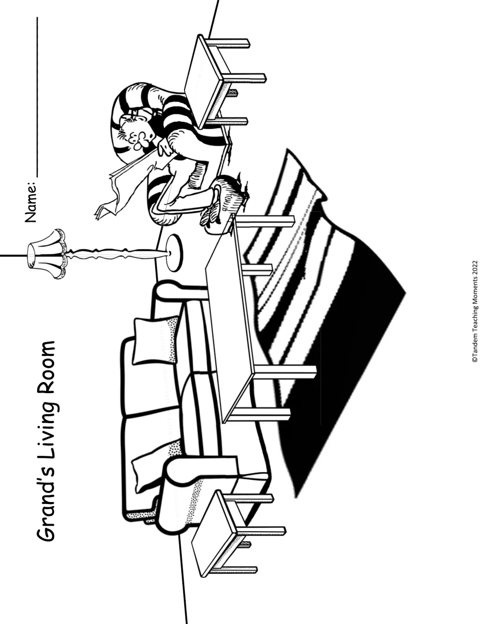 Grand's Living Room picture page shows a sofa, tables, a lamp, and a seated person reading a newspaper.