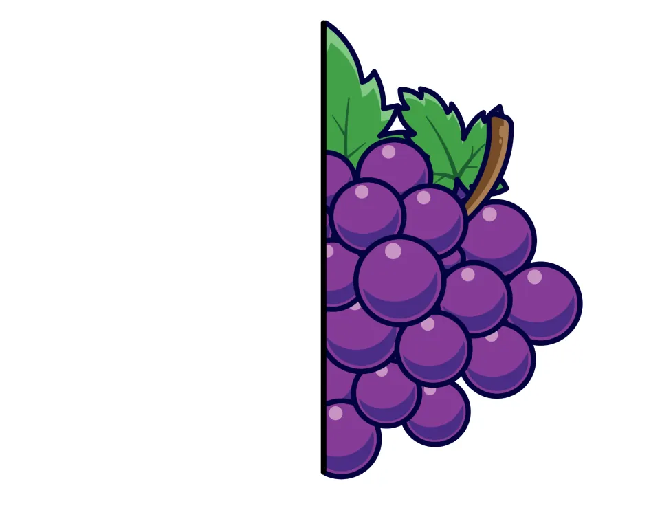 Cut-out piece: right half of a purple grape bunch with leaves and stem; the left half is on the next page