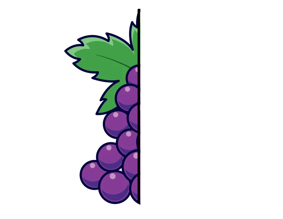 Cut-out piece: left half of the purple grape bunch with a green leaf, matching the right half on the previous page