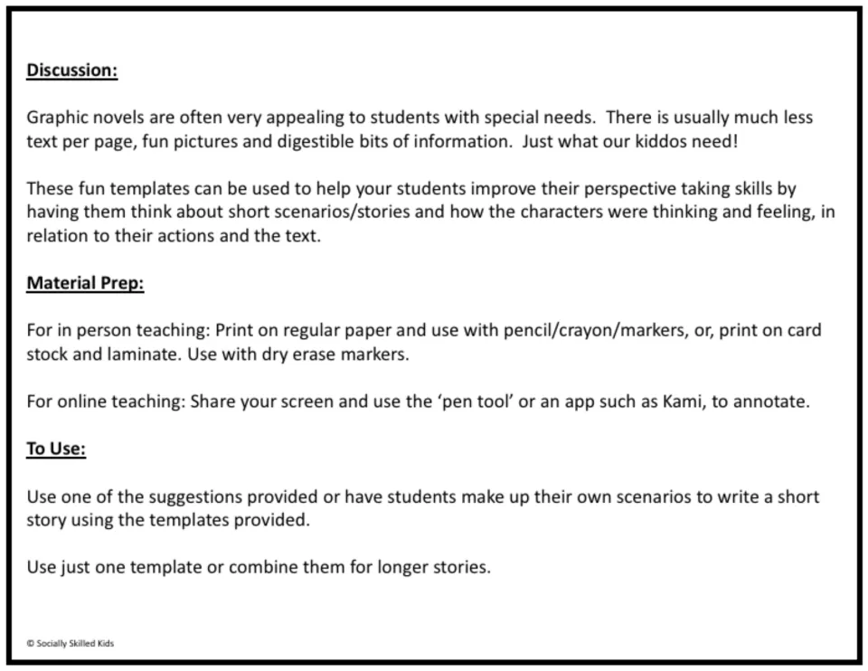 Teacher directions for perspective-taking comics: printing, online annotation, and using story prompts