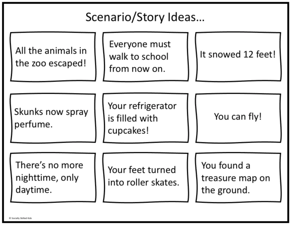 Story prompts 10–18 for comic writing: escaped zoo animals, walking to school, 12 feet of snow and six more