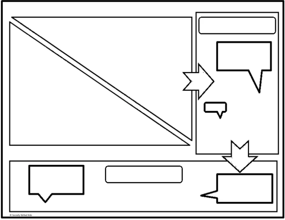 Four-scene comic template for perspective-taking stories, with four speech bubbles and two caption spaces